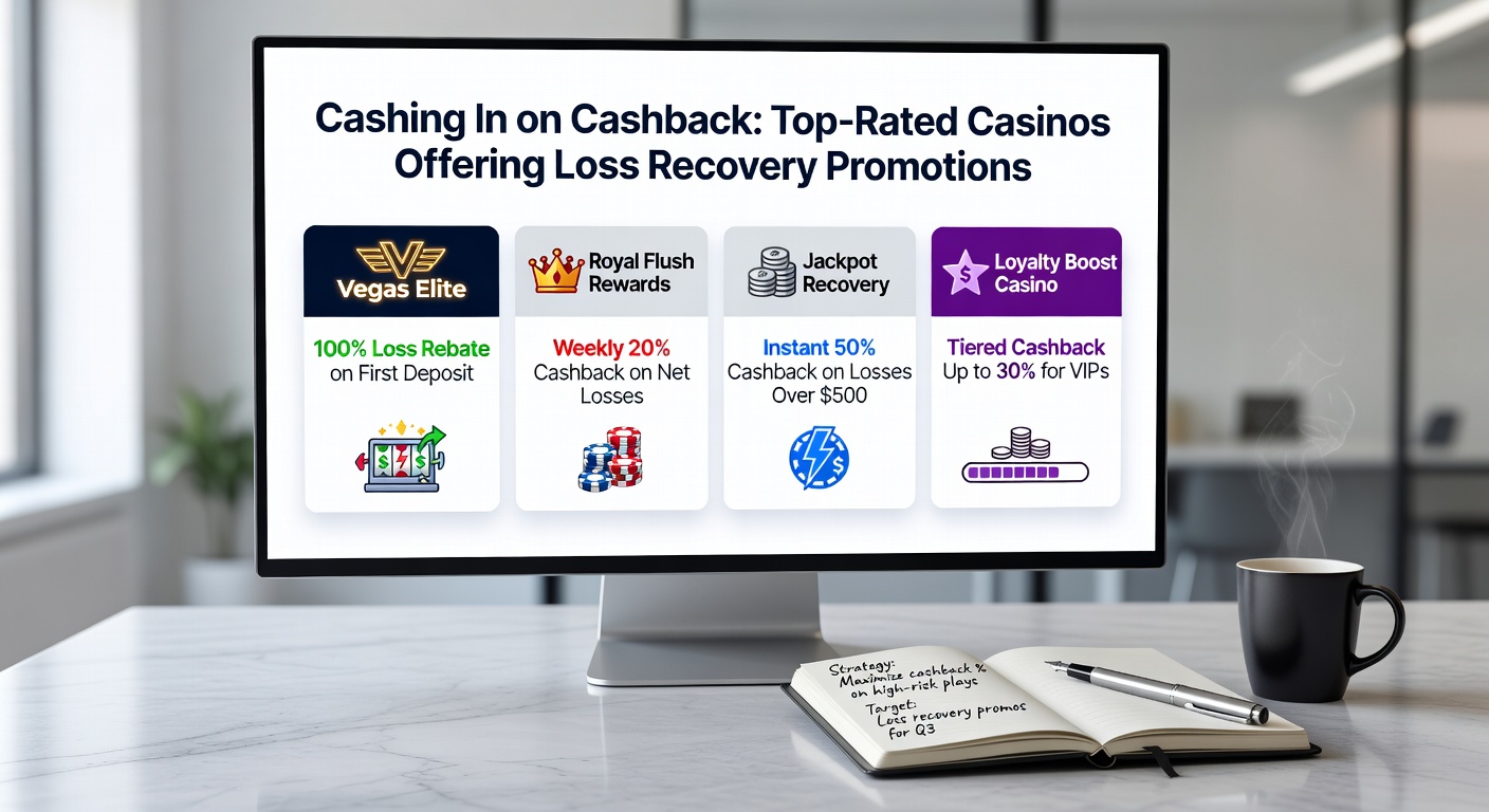 Screenshot of a casino dashboard displaying active cashback balance and loss recovery stats, with promotional banners