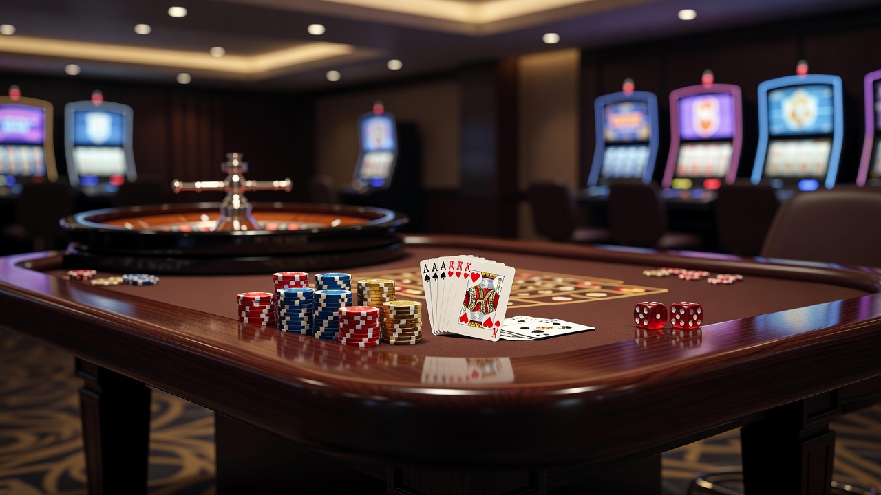 Various casino game tables in a bustling casino floor with roulette wheels and card dealers