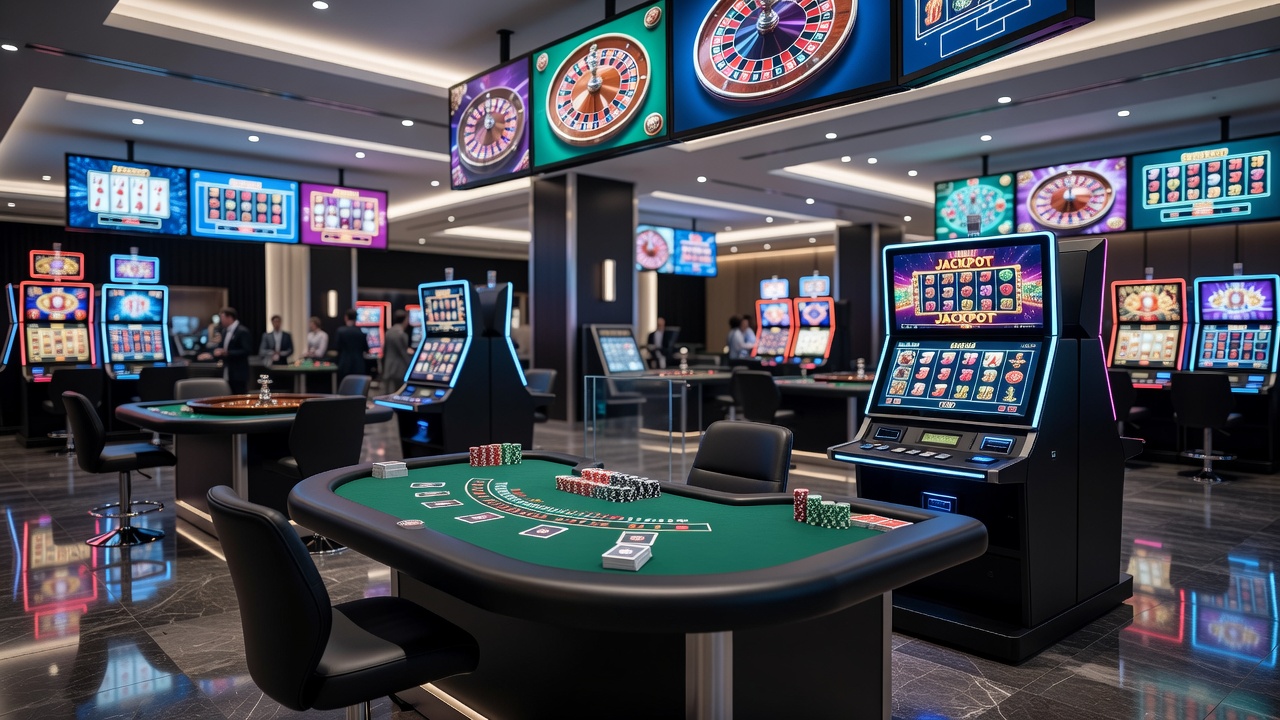 Close-up of slot machine reels and digital displays showing various game themes