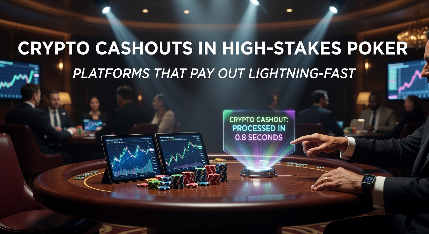 Dynamic high-stakes poker game on a digital platform with cryptocurrency icons flashing payouts in real-time
