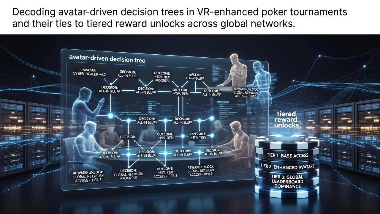 VR poker tournament scene showing avatars at virtual tables with decision tree overlays