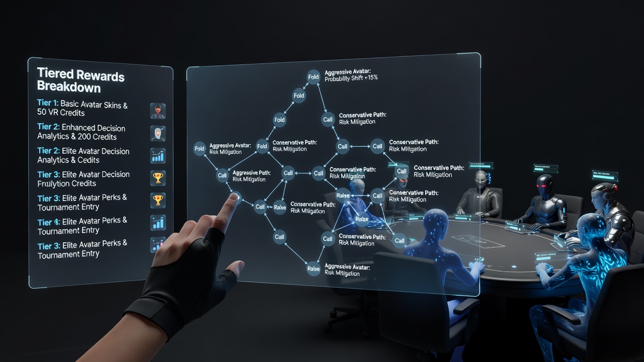 Global network diagram illustrating tiered reward unlocks connected to VR poker decision trees