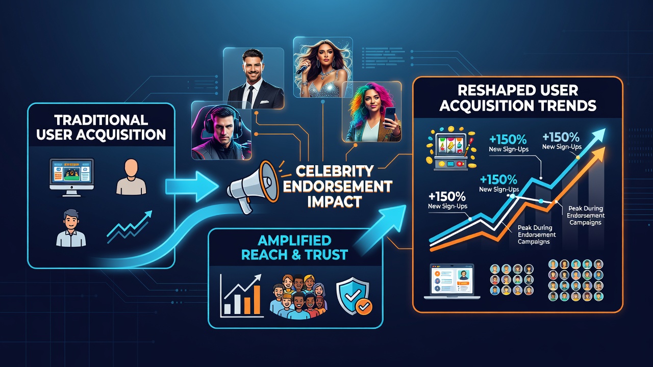 Analytics dashboard displaying user acquisition spikes after a celebrity endorsement launch in virtual gambling