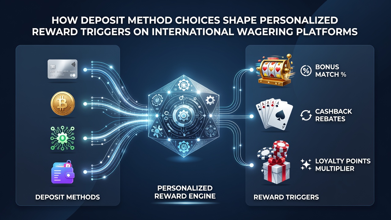 Diagram depicting how different deposit methods connect to personalized bonus triggers and user profiles on international sites