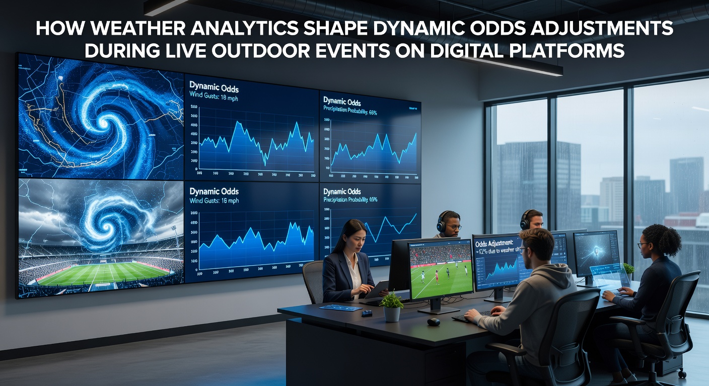 Live outdoor event with weather monitoring equipment and digital odds display on mobile devices