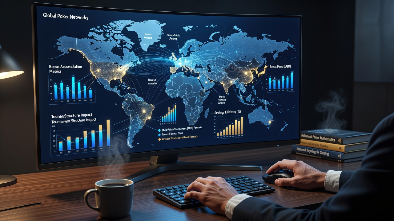 Global poker tournament networks displaying varied structures and bonus tracking interfaces