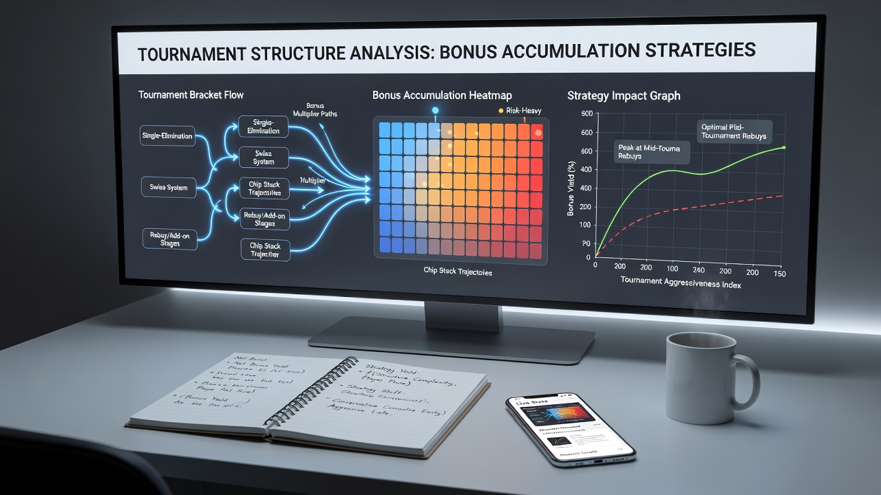 Detailed view of poker bonus tracking dashboards showing accumulation rates across different tournament types