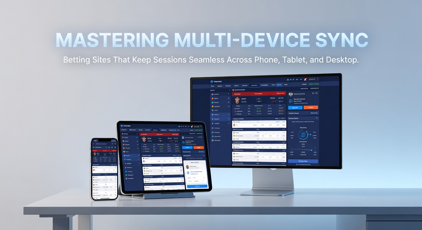 A user seamlessly switching from a smartphone to a tablet while placing bets on a synced betting platform, with live odds updating in real-time across devices