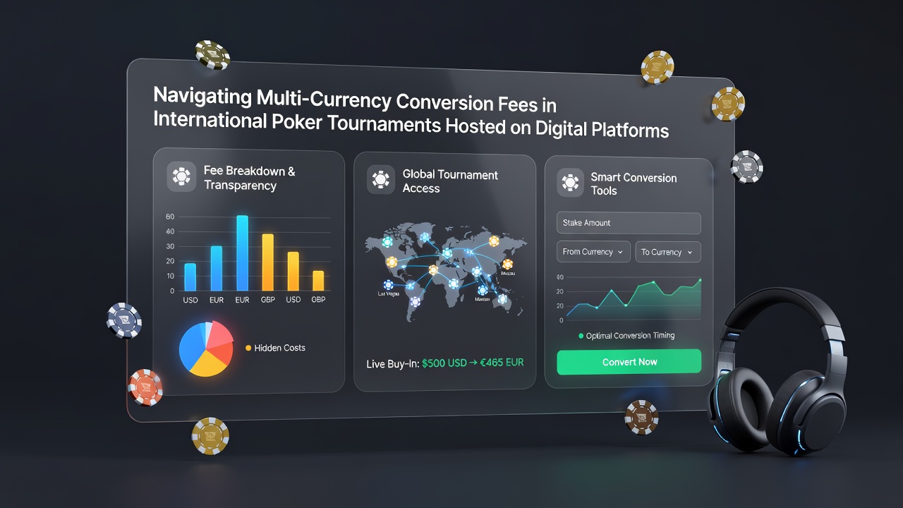 Player dashboard showing currency selection tools and live exchange rate calculators on a poker tournament platform