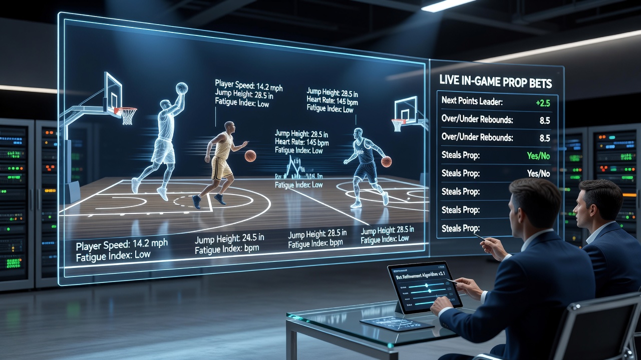 Analytics dashboard displaying real-time player movement metrics and prop bet adjustments during a basketball match
