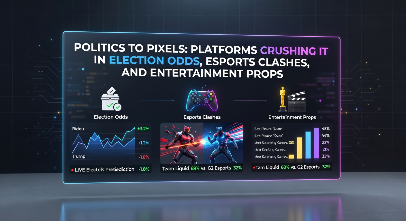 Digital screens displaying election polls, esports arenas, and entertainment award shows with overlaid betting odds