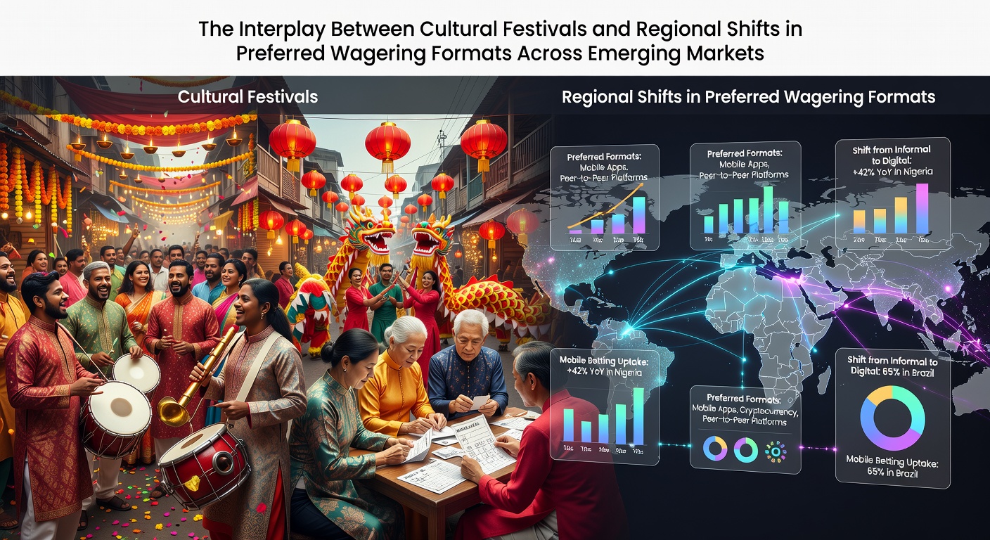 Cultural festival celebrations in an emerging market city with crowds gathered around digital screens displaying wagering interfaces during a major event