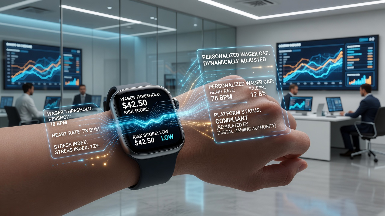 Dashboard interface showing real-time wearable data streams adjusting personalized betting limits